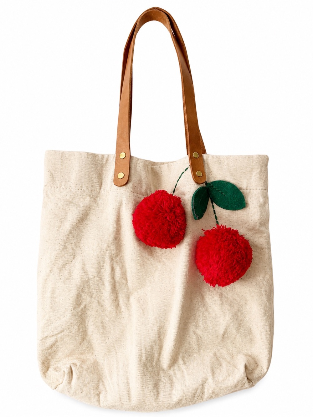 Canvas Cherry Tote Bag with Leather Handles - Red/Beige